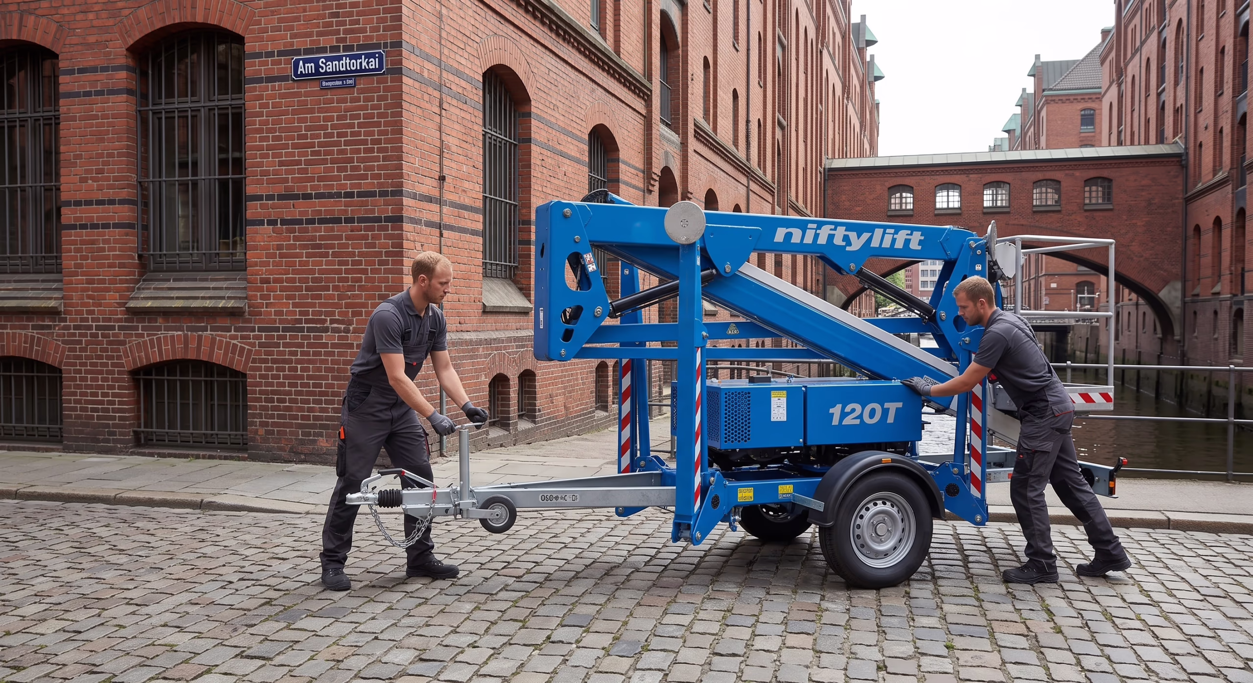 Zwei Männer rangieren eine blaue Anhängerarbeitsbühne in Hamburg