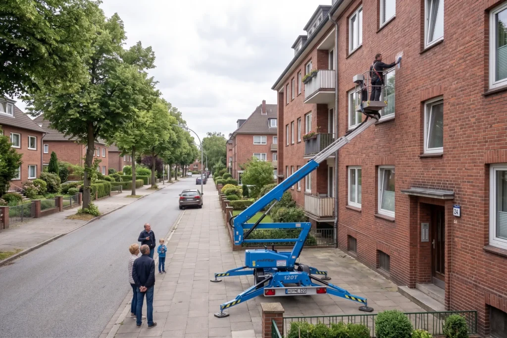 Gemietete Niftylift 120T Anhängerarbeitsbühne im Einsatz für Fassadenarbeiten an einem mehrstöckigen Klinker-Wohnhaus in einer Hamburger Wohnstraße